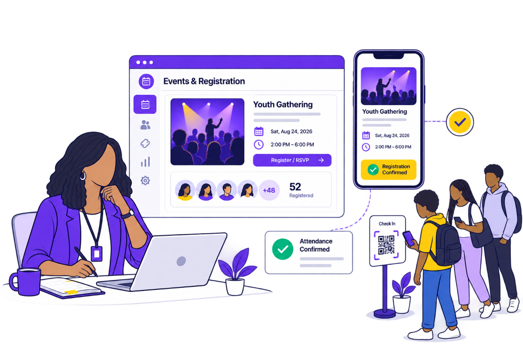Churchtell Events & Digital Ticketing — Church Conference Registrations, Mobile QR Code Attendance Check-In, and Seat Reservations