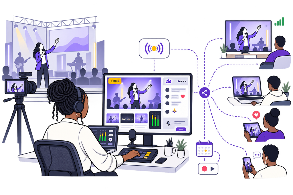 Churchtell Online Sanctuary & Live Broadcast Studio — Real-Time Sermon Streaming, Live Chat, Multi-Screen Church Video Broadcasting, and Cloud Recording