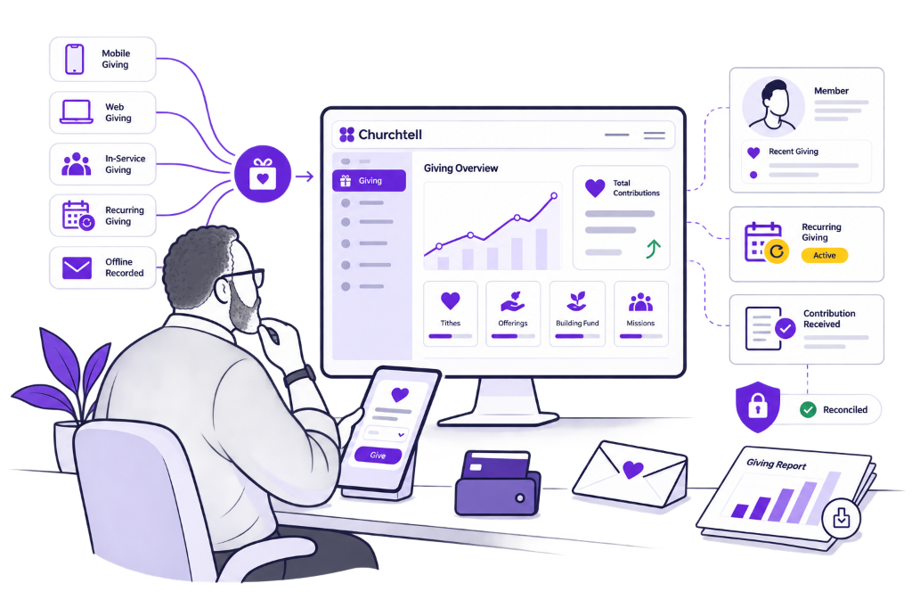 Churchtell Digital Giving & Financial Stewardship — Online Tithes, Recurring Offerings, Building Fund Pledges, and Automated Donor Receipts
